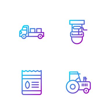 Hat traktörü, bitki tohumu dolu bir paket kamyonet ve kovayla birlikte Well. Renk simgeleri. Vektör