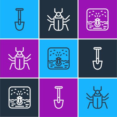 Kürek, otomatik sulama fıskiyeleri ve böcek sineği simgesini ayarla. Vektör