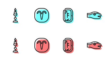 Sihirli rünler, yanan mumlar, Koç burcu ve Yılan ikonu. Vektör