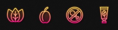 Et yok, yaprak yok, erik meyvesi yok, organik kozmetik yok. Parlayan neon ikonu. Vektör