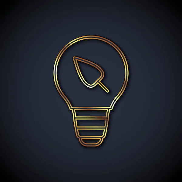Gold Line Light Bulb Leaf Icon Isolated Black Background Eco — Stock Vector