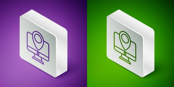 等距线计算机监视器和折叠地图与位置标识图标隔离在紫色和绿色背景 银方按钮 — 图库矢量图片