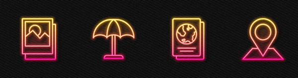 设置线护照 防晒伞和位置 发光的霓虹灯图标 — 图库矢量图片