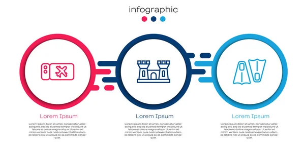 Set Line Авиакомпания Билет Песчаный Замок Резиновые Ласты Плавания Бизнес — стоковый вектор
