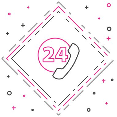 Hat Telefonu, beyaz arkaplanda 24 saatlik destek ikonu izole edildi. Tüm gün müşteri destek merkezi. Tam zamanlı çağrı servisi. Renkli taslak konsepti. Vektör İllüstrasyonu.