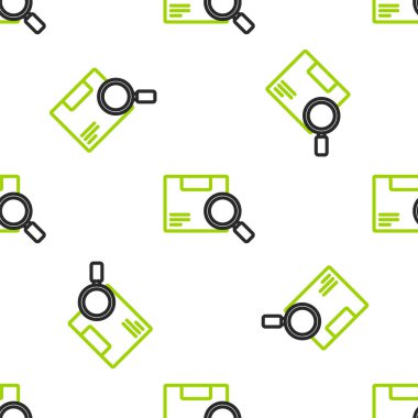 Satır Arama paket simgesi beyaz arkaplanda izole edilmiş kusursuz desen. Paket takibi. Büyüteç ve karton kutu. Lojistik ve teslimat. Vektör İllüstrasyonu.