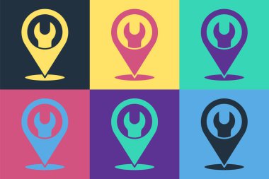 İngiliz anahtarı anahtar simgesine sahip pop sanat konumu renk arkaplanında izole edildi. Ayarlama, servis, ayar, bakım, onarım, onarım. Vektör İllüstrasyonu.