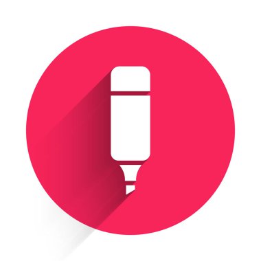 Beyaz İşaretli kalem simgesi uzun gölgeyle izole edildi. Kırmızı daire düğmesi. Vektör İllüstrasyonu.