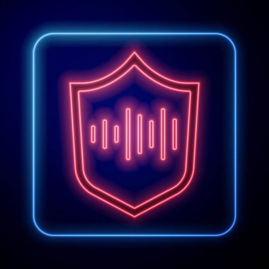 Parlayan neon kalkanı ses tanıma simgesi mavi arkaplanda izole edildi. Kimlik tanıma için ses biyometrik kimlik doğrulaması. Vektör.