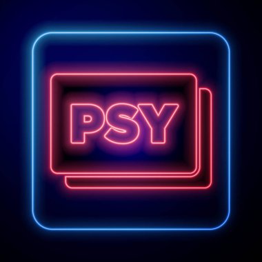 Parlayan neon psikoloji ikonu mavi arka planda izole edildi. Psi sembolü. Akıl sağlığı konsepti, psikanaliz analizi ve psikoterapi. Vektör.