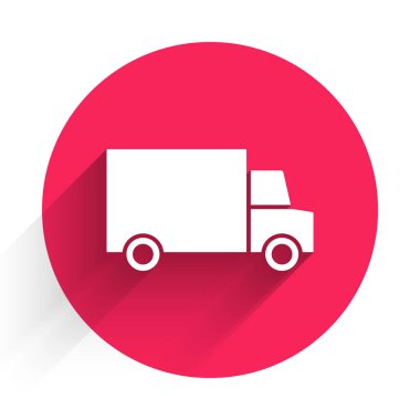 Beyaz Hızlı, uzun gölgeli bir araba ikonu ile 24 saat teslimat yapıyor. Kırmızı daire düğmesi. Vektör.