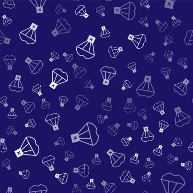 Beyaz Kutu, mavi arka planda paraşüt ikonu üzerinde uçuyor. Nakliye için paraşütlü paket. Teslimat servisi, hava taşımacılığı. Vektör.