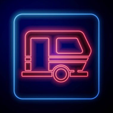 Parlayan neon karavan kamp ikonu mavi arkaplanda izole edildi. Gezici ev, karavan, yolculuk için ev karavanı. Vektör.
