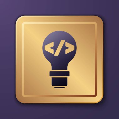 Mor Web tasarımı ve ön uç geliştirme simgesi mor arkaplanda izole edildi. Altın kare düğme. Vektör.