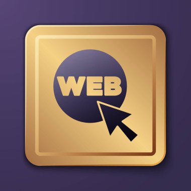 Mor Web ve grafik tasarım ikonu mor arkaplanda izole edildi. Yaratıcı ve geliştirme. Altın kare düğme. Vektör.