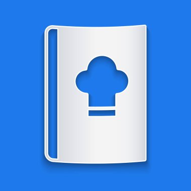 Kağıt kesiği Yemek Kitabı simgesi mavi arkaplanda izole edildi. Yemek kitabı ikonu. Yemek tarifi kitabı. Çatal ve bıçak ikonları. Çatal bıçak sembolü. Kağıt sanatı tarzı. Vektör.