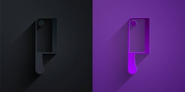 Kağıt kesiği Et Helikopteri simgesi mor arka planda siyah üzerine izole edilmiş. Et için mutfak bıçağı. Kasap bıçağı. Kağıt sanatı tarzı. Vektör.