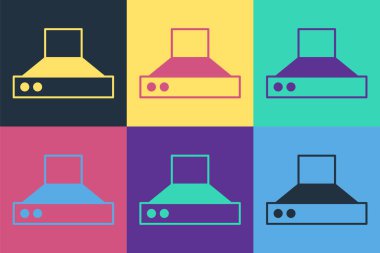 Pop Art Kitchen sökücü fan simgesi renk arkaplanında izole edildi. Mutfak kaputu. Mutfak egzozu. Ev aletleri. Vektör.