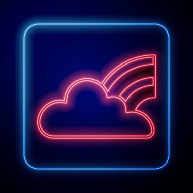 Siyah zemin üzerinde bulutların ikonu olan parlak neon gökkuşağı. Vektör.