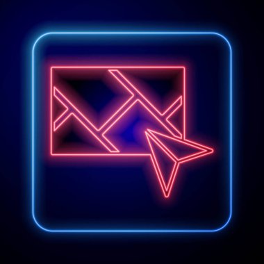 Şehir haritası navigasyon simgesinin parlayan neon bilgileri siyah arkaplanda izole edildi. Mobil Uygulama Arayüzü tasarımı. Coğrafi konsept. Vektör.