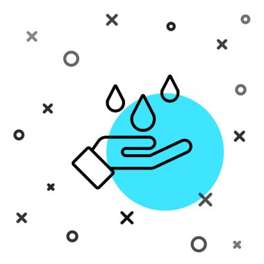 Siyah çizgi, beyaz arka planda izole edilmiş sabun ikonu ile ellerini yıkıyor. Virüs ve bakterileri önlemek için ellerini sabunla yıkıyorsun. Rastgele dinamik şekiller. Vektör.