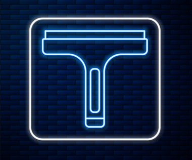 Duvarın arka planında izole edilmiş pencere simgesi için kauçuk temizleme servisiyle parlayan neon hattı. Silecek, kazıyıcı, silecek. Vektör.