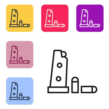 Siyah çizgi Gun şarjörü ve beyaz arka planda izole edilmiş kurşun ikonu. Renkli kare düğmelerle simgeleri ayarla. Vektör.