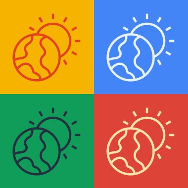 Pop Art Line Planet Earth 'ün küresel ısınma simgesine erimesi renk arka planında izole edilmiş. Ekolojik problemler ve çözümler - termometre. Vektör.