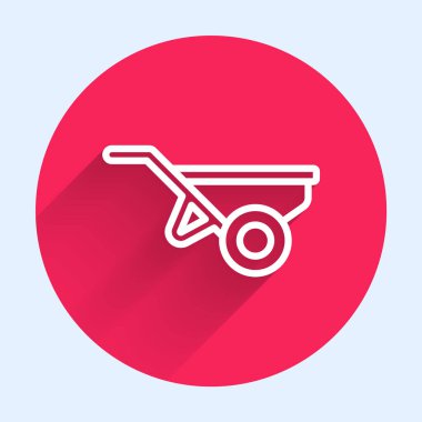 Beyaz çizgili El Arabası, uzun gölgeli, toprak ikonlu. Alet edevat. Tarım arabası tekerlek çiftliği. Kırmızı daire düğmesi. Vektör.