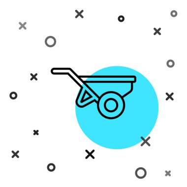 Beyaz arka planda toprak ikonu olan siyah çizgi El Arabası. Alet edevat. Tarım arabası tekerlek çiftliği. Rastgele dinamik şekiller. Vektör.