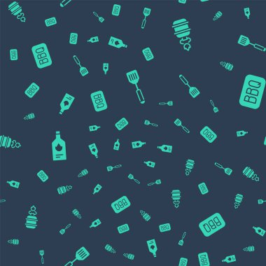 Spatula, kamp gaz ocağı, acı sos ve ızgarayı pürüzsüz bir şablona ayarla. Vektör.