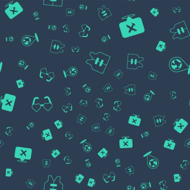 Can yeleği, uçakla konuşma balonu, kalp şeklinde aşk gözlükleri ve dünyanın neresinde olduğu kusursuz desen. Vektör