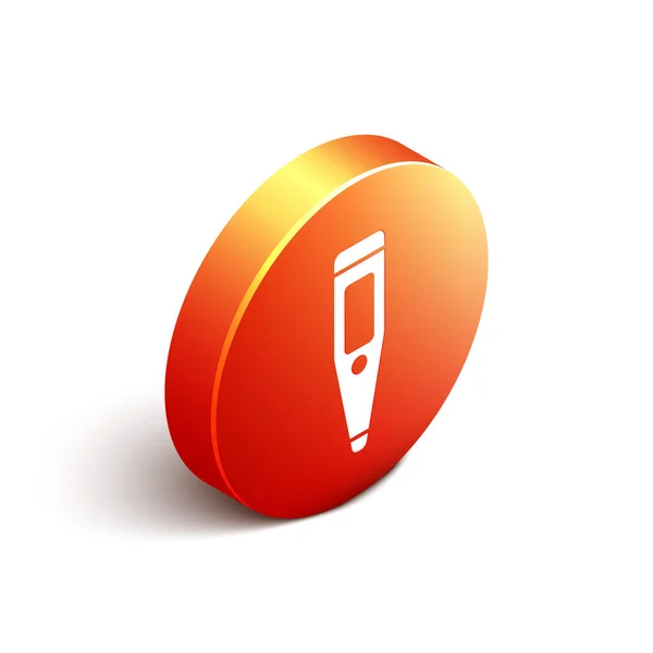 白い背景に隔離された医療検査アイコンのためのアイソメトリックメディカルデジタル温度計 オレンジ色の丸ボタン ベクトル — ストックベクタ