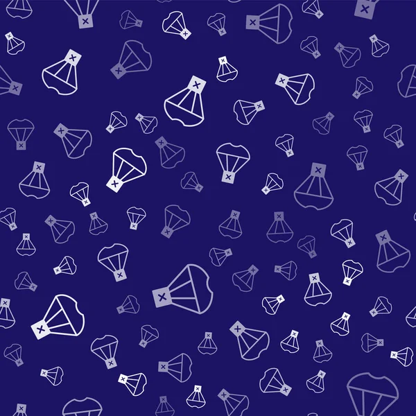 Beyaz Kutu, mavi arka planda paraşüt ikonu üzerinde uçuyor. Nakliye için paraşütlü paket. Teslimat servisi, hava taşımacılığı. Vektör.