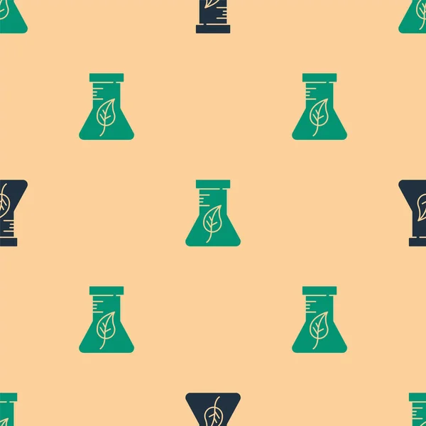 绿色和黑色试管和烧瓶化学实验室测试图标隔离无缝图案米色背景 实验室玻璃器皿标志 — 图库矢量图片