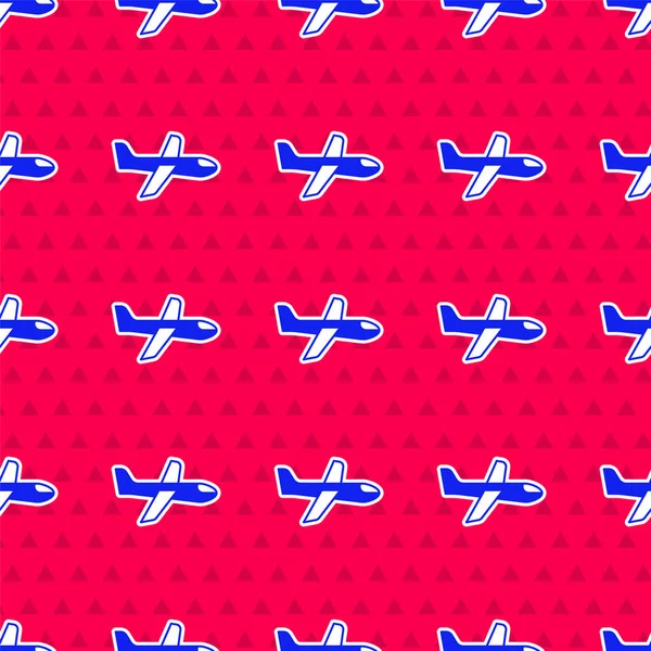 Blue Plane Icon Isolated Seamless Pattern Red Background Flying Airplane — Stock Vector