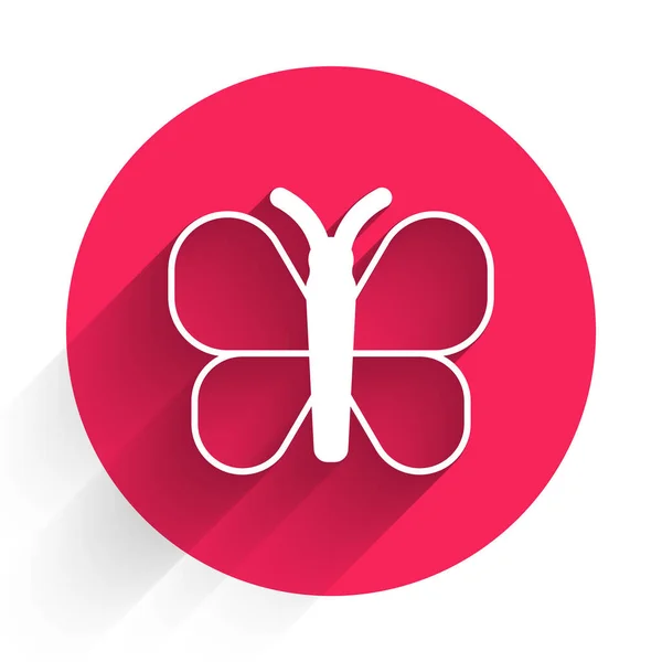 Icône Papillon Blanc Isolé Avec Une Ombre Longue Bouton Rouge — Image vectorielle