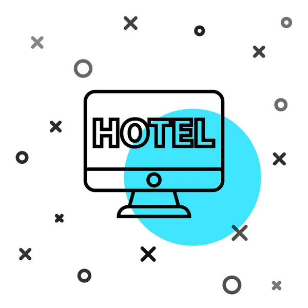 Linea Nera Online Hotel Booking Icon Isolato Sfondo Bianco Concetto — Vettoriale Stock