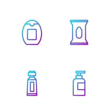 Şişe şampuan, tüp diş macunu ve ıslak mendil paketini ayarla. Renk simgeleri. Vektör.