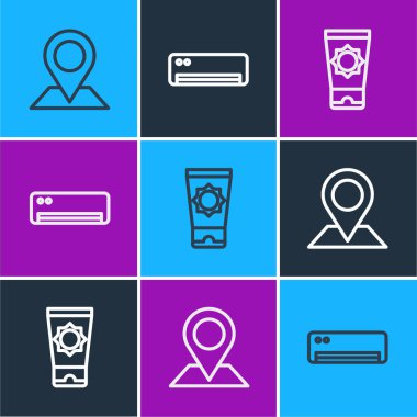 Hat konumu, tüpte güneş kremi ve klima simgesi ayarlayın. Vektör