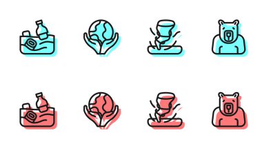 Tornado hattı, okyanus kirliliği, Dünya 'yı tutan el ve kutup ayısı başı ikonu. Vektör