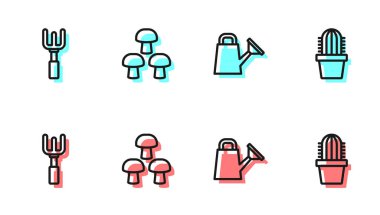 Sulama kabı, bahçe tırmığı, mantar ve kaktüs kaktüsü ikonu. Vektör