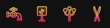 Hattı Çiçek Ağacı dalı, Su Musluğu, Orman ve Bahçe Makası olarak ayarla. Parlayan neon ikonu. Vektör