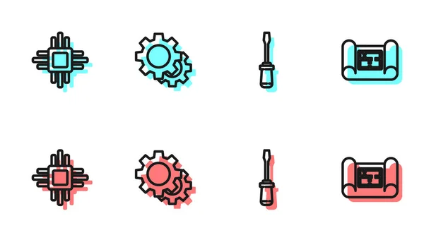 Set Line Κατσαβίδι Επεξεργαστής Μικροκυκλώματα Cpu Gear Και Σπίτι Εικονίδιο — Διανυσματικό Αρχείο