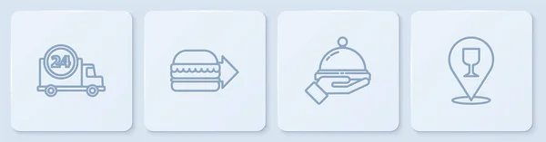 设置生产线 快速送货 覆盖托盘食物 在线订购汉堡和酒精啤酒吧位置 白色正方形按钮 — 图库矢量图片