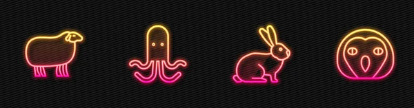 Set Line Rabbit Sheep Octopus Owl Bird Glowing Neon Icon — Stock Vector