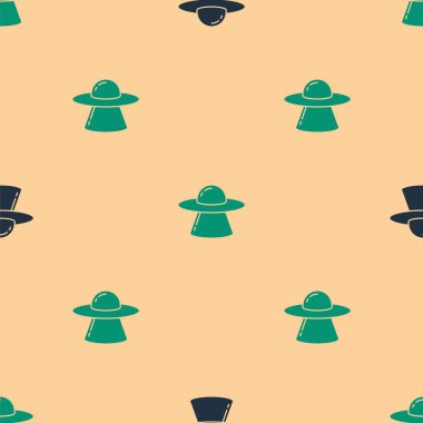 Yeşil ve siyah UFO uçan uzay gemisi simgesi bej arkaplanda izole edilmiş kusursuz desen. Uçan daire. Uzaylı uzay gemisi. Gelecekteki bilinmeyen uçan nesne. Vektör.