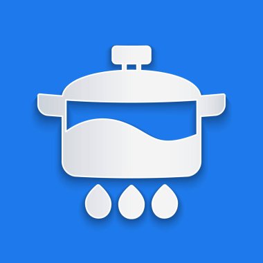 Kağıt kesiği, mavi arkaplanda izole edilmiş tencere ikonu. Haşlama ya da güveç besin sembolü. Kağıt sanatı tarzı. Vektör.