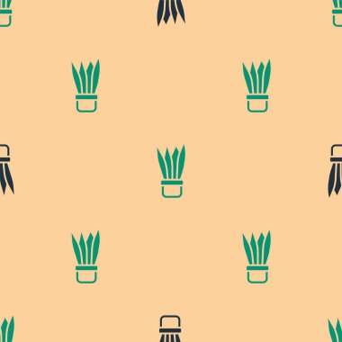 Esrar ikonundaki yeşil ve siyah bitki bej arkaplandaki pürüzsüz deseni izole etti. Tencerede yetişen bir bitki. Saksı bitkisi işareti. Vektör.