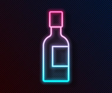 Parlayan neon hattı, siyah arka planda izole edilmiş şampanya şişesi ikonu. Vektör.